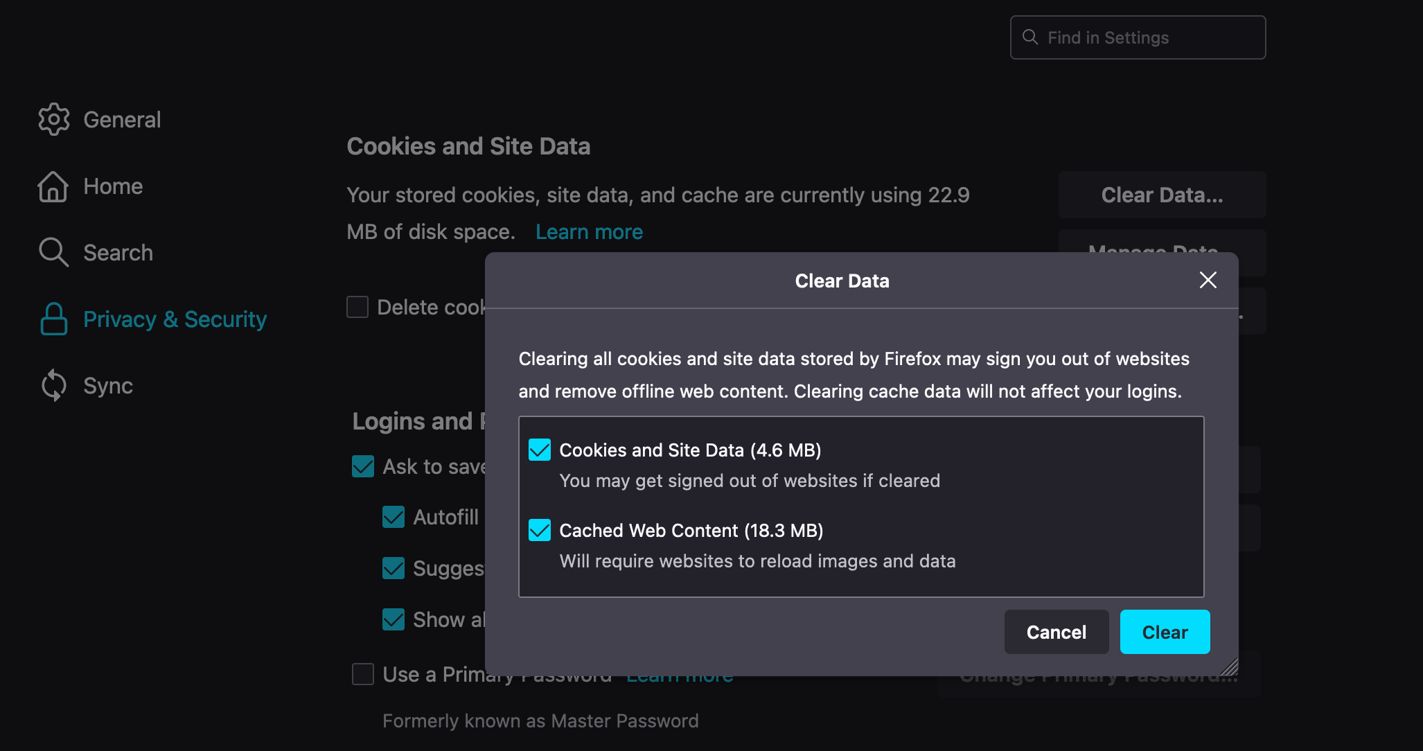 Firefox Clear data window open - Come cancellare cache e cookie sul tuo Mac