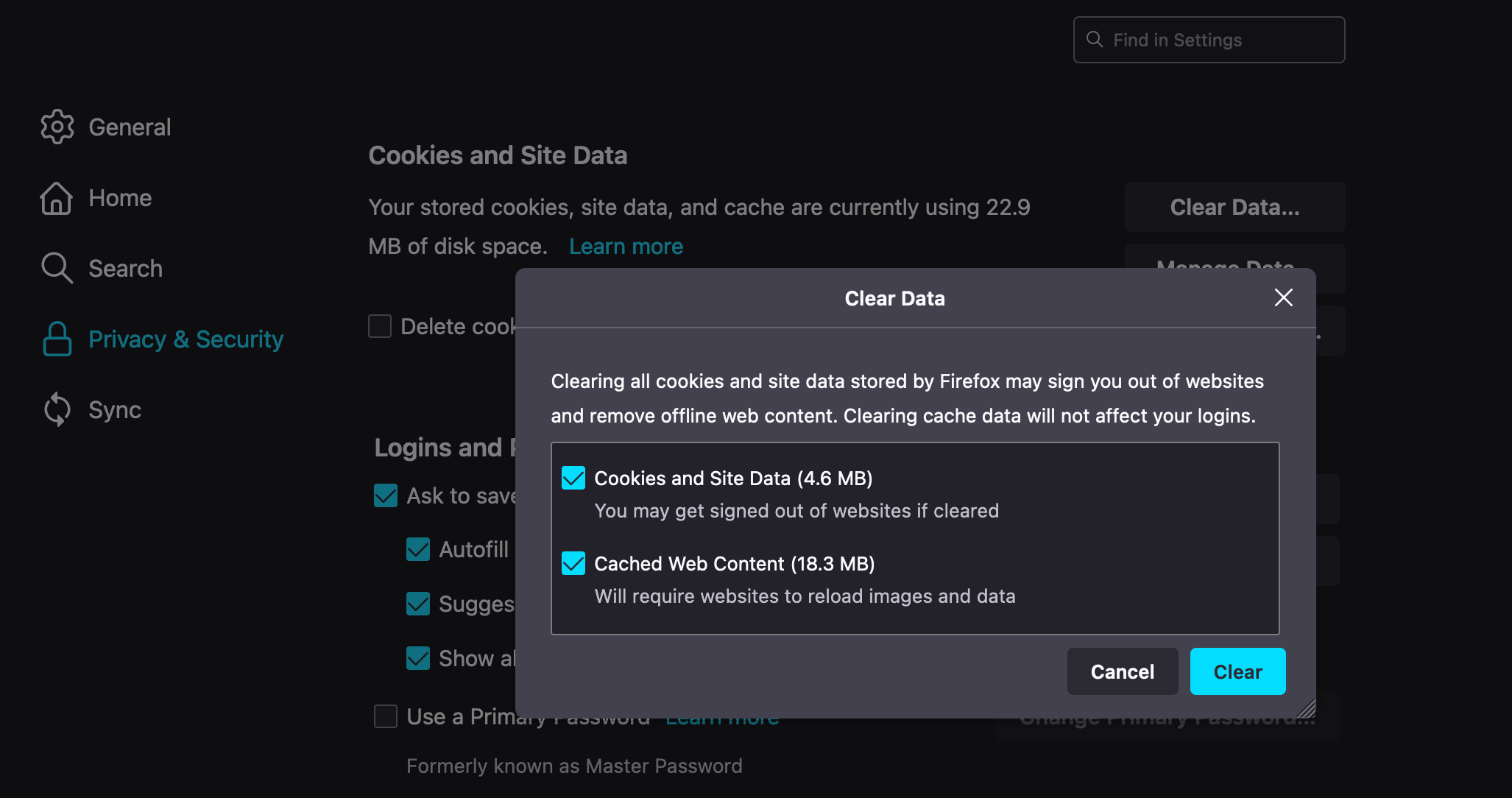 Firefox's Clear Data window open