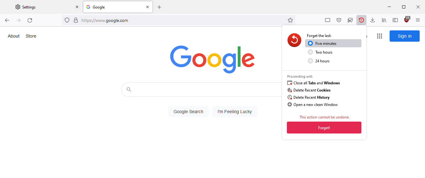 A screenshot of Firefox's Forget button