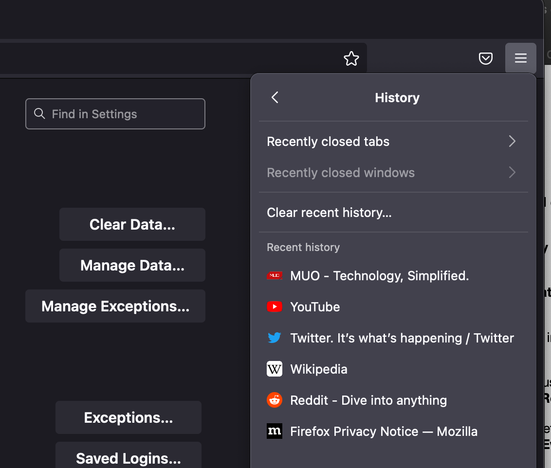 Firefox History menu open - Come cancellare cache e cookie sul tuo Mac