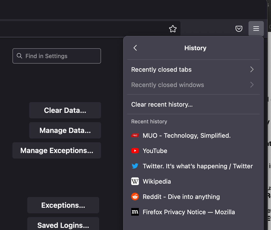 Firefox History menu open on Mac