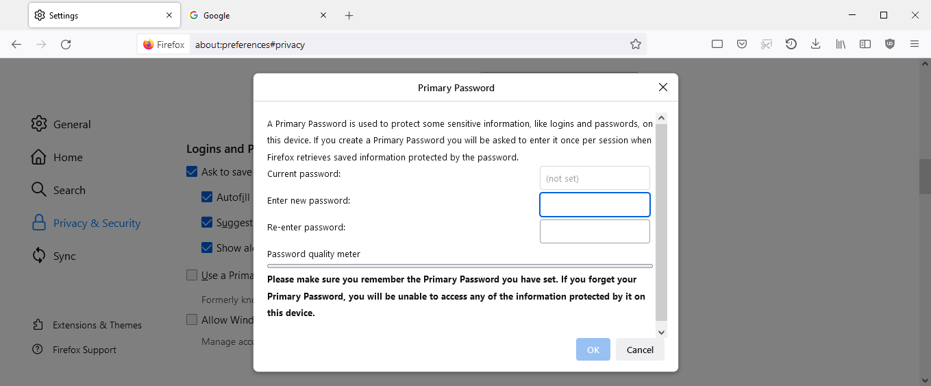 A screenshot of Firefox's primary password feature