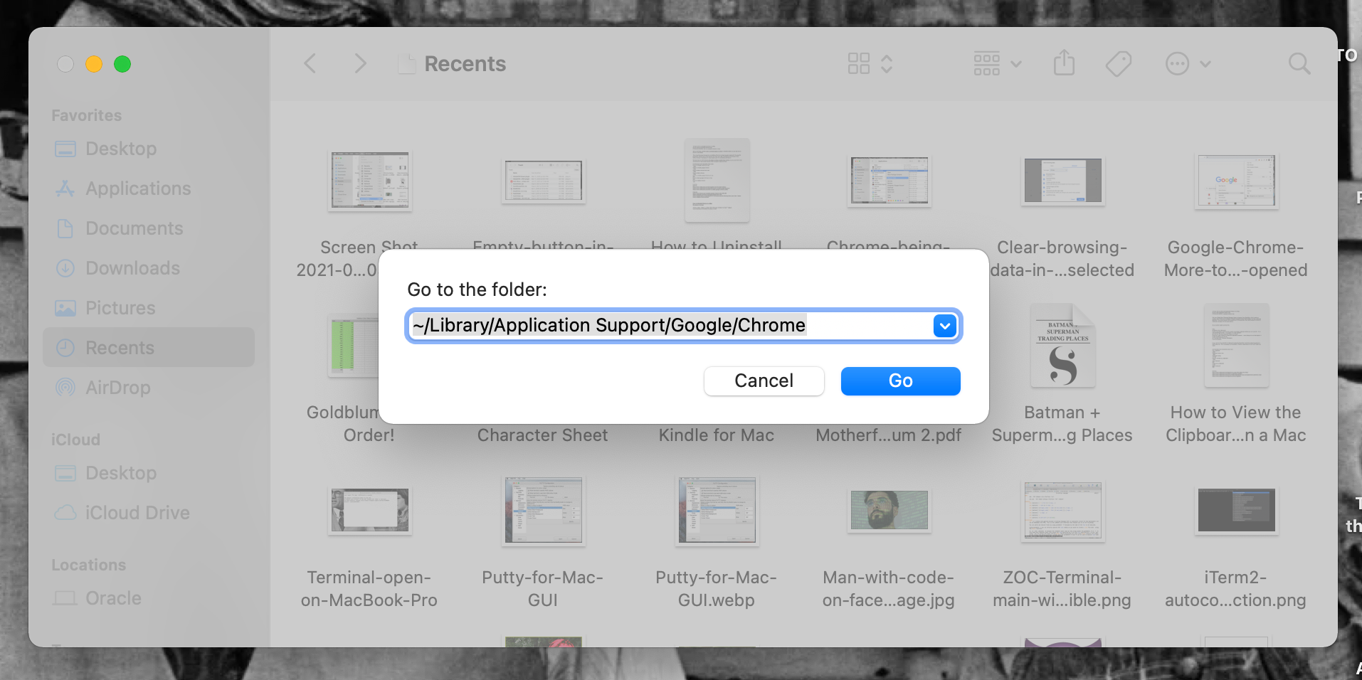 Go to Folder text box open in Finder with input for finding Chrome data on a Mac