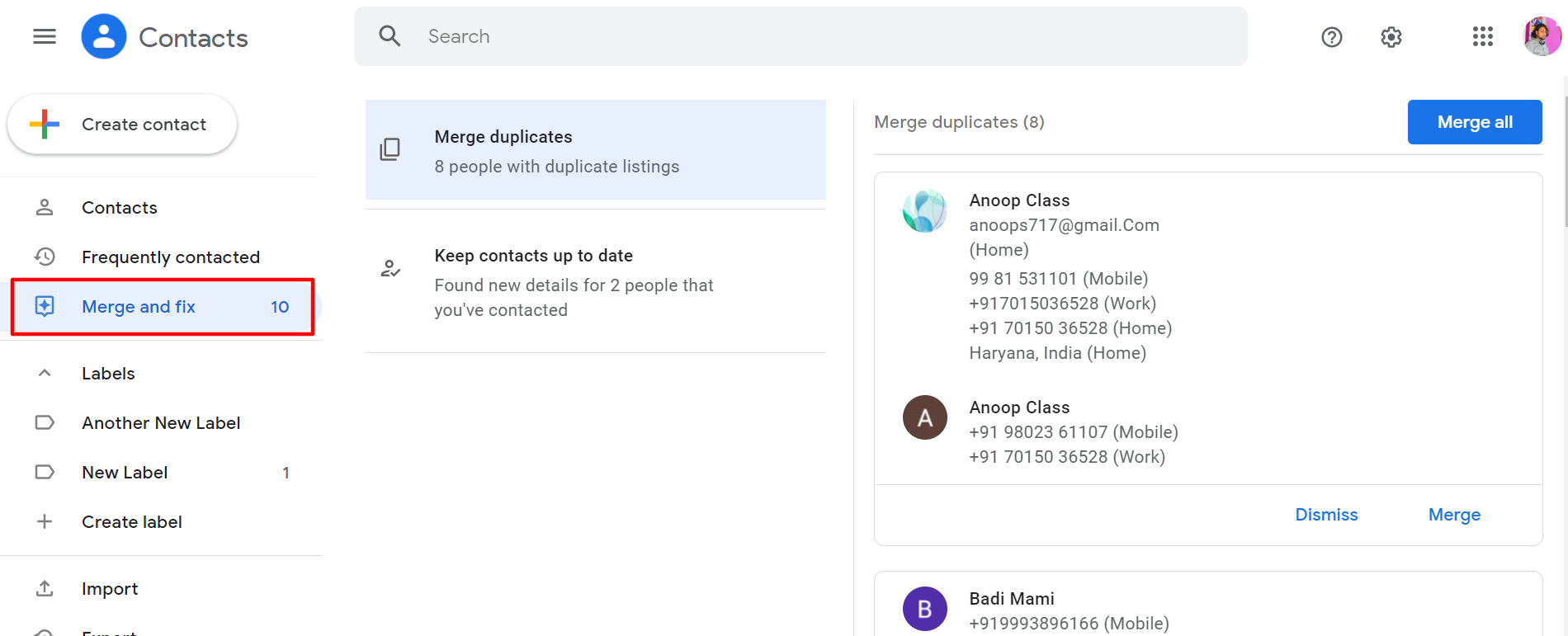Google Contacts Merge and Fix
