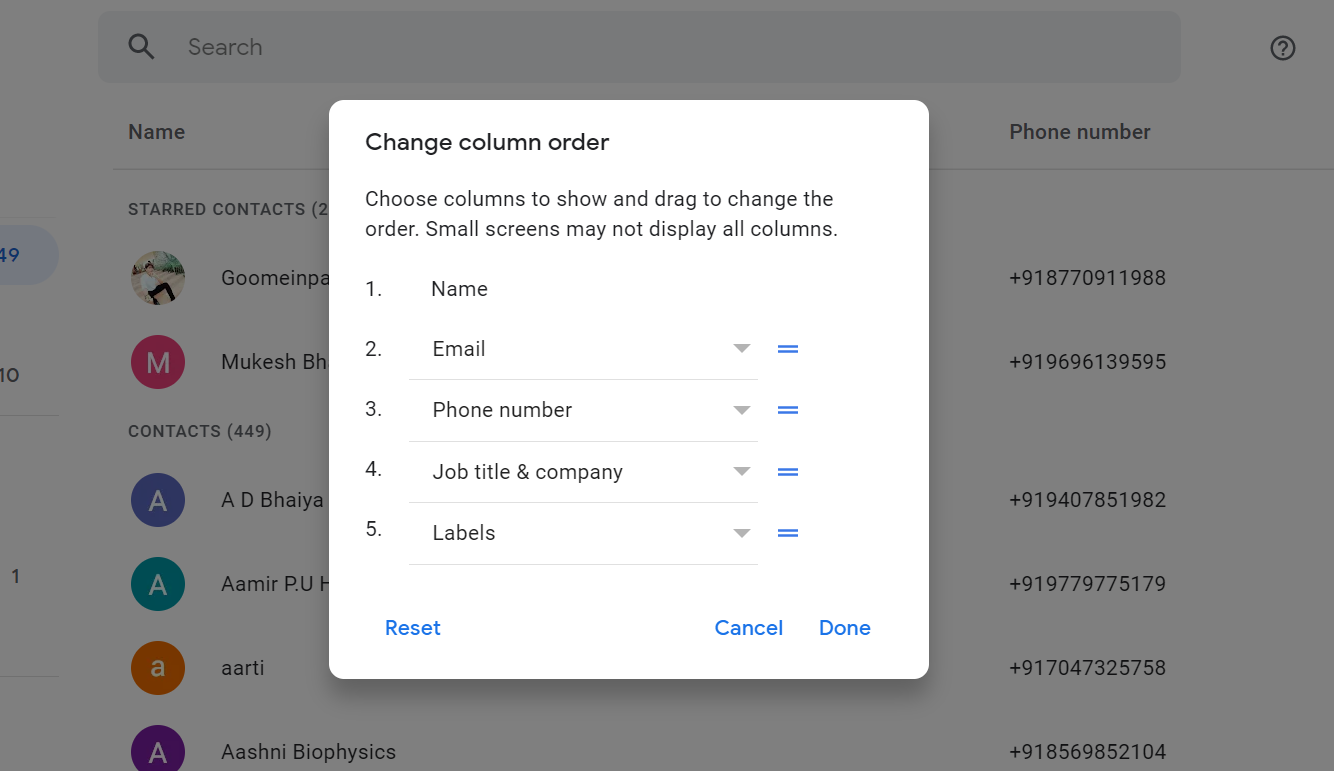 Google Contacts change coloumn order 2