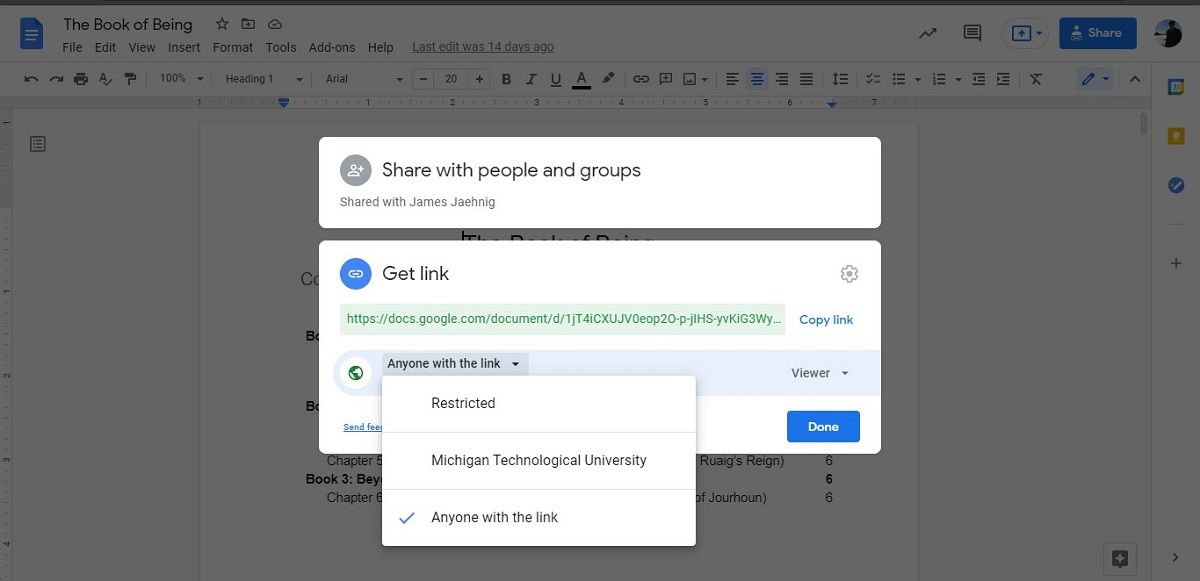 Generating a Google Docs sharing link.