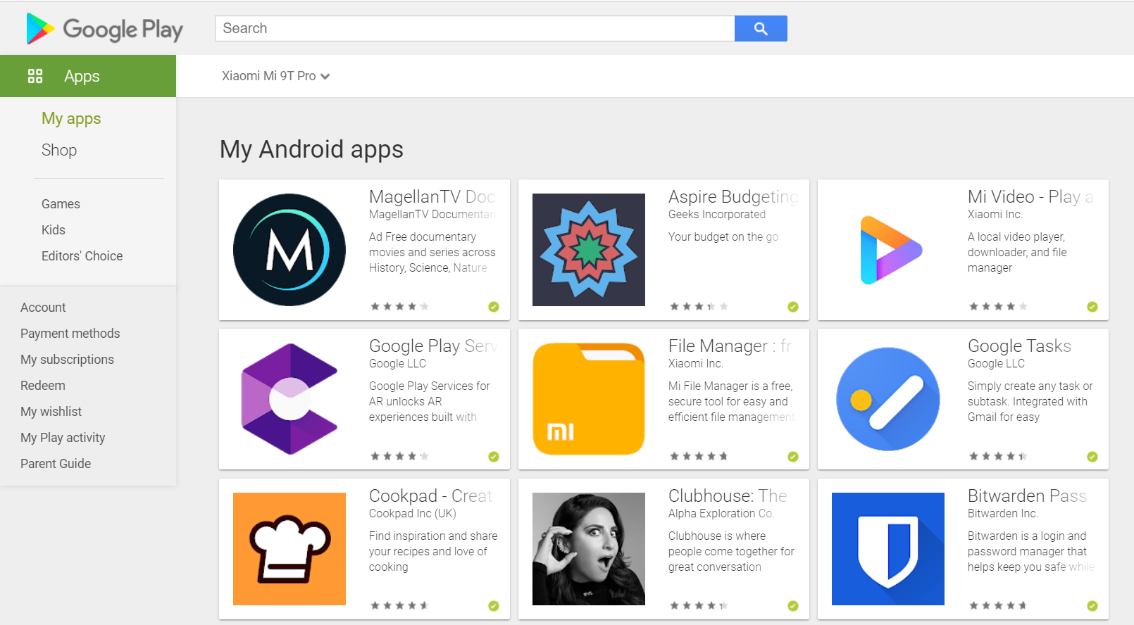 My apps section in Google Play Store on the web
