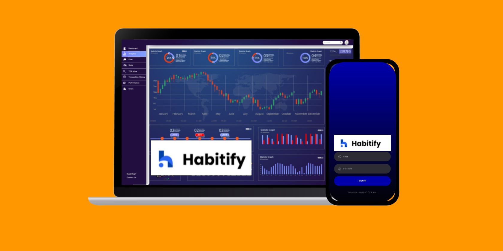 An illustration of laptop, mobile, charts, and Habitify logo
