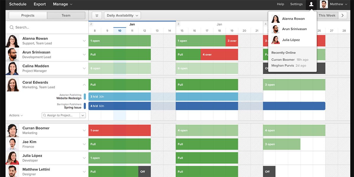 An image showing Harvest app projects dashboard for capacity