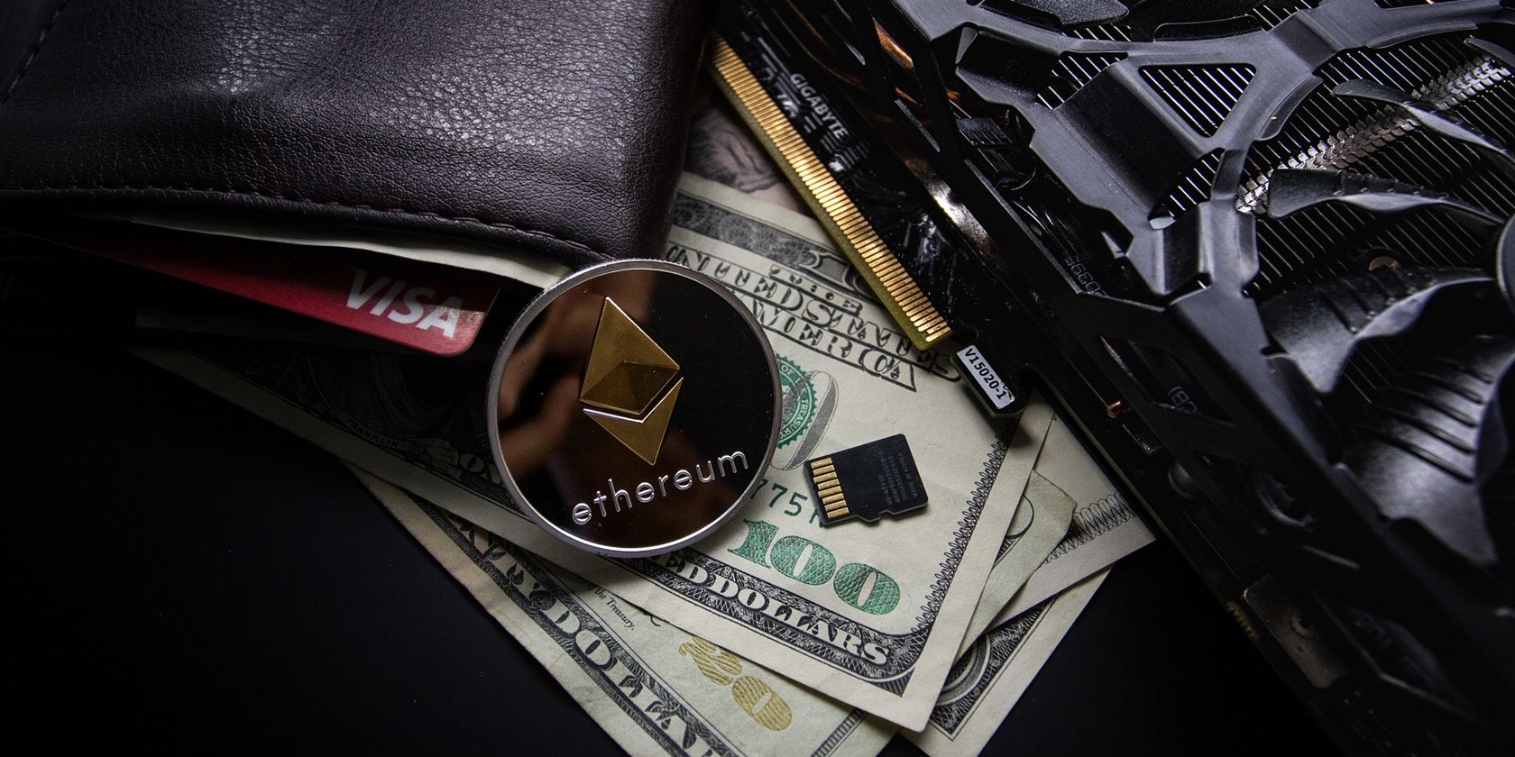 Image of a wallet with cash and Ethereum.