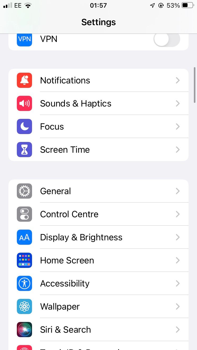 A screenshot of the iOS Settings app, displaying a number of sub-categories.