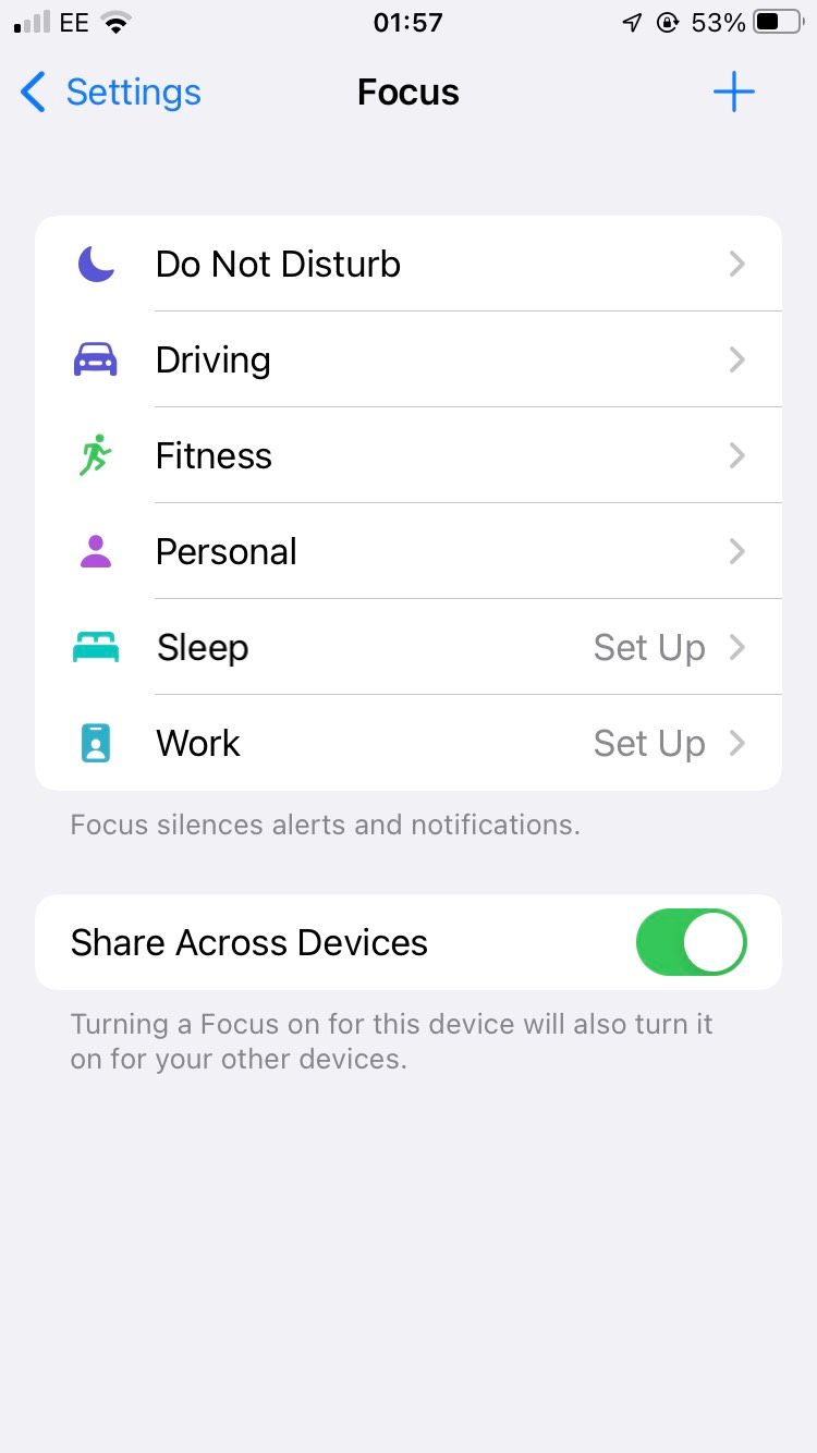A screenshot of Focus Modes on iOS 15.