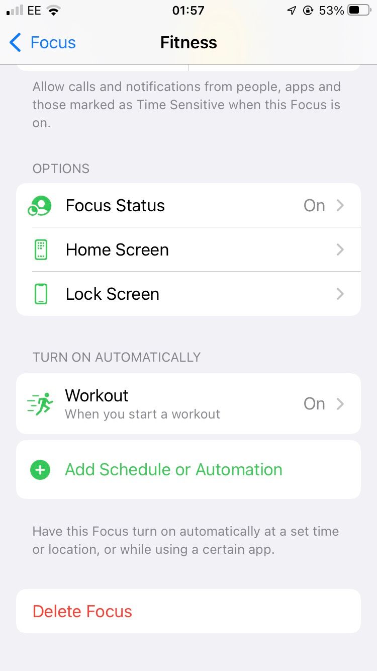 A screenshot of the Fitness Focus Mode on iOS 15.