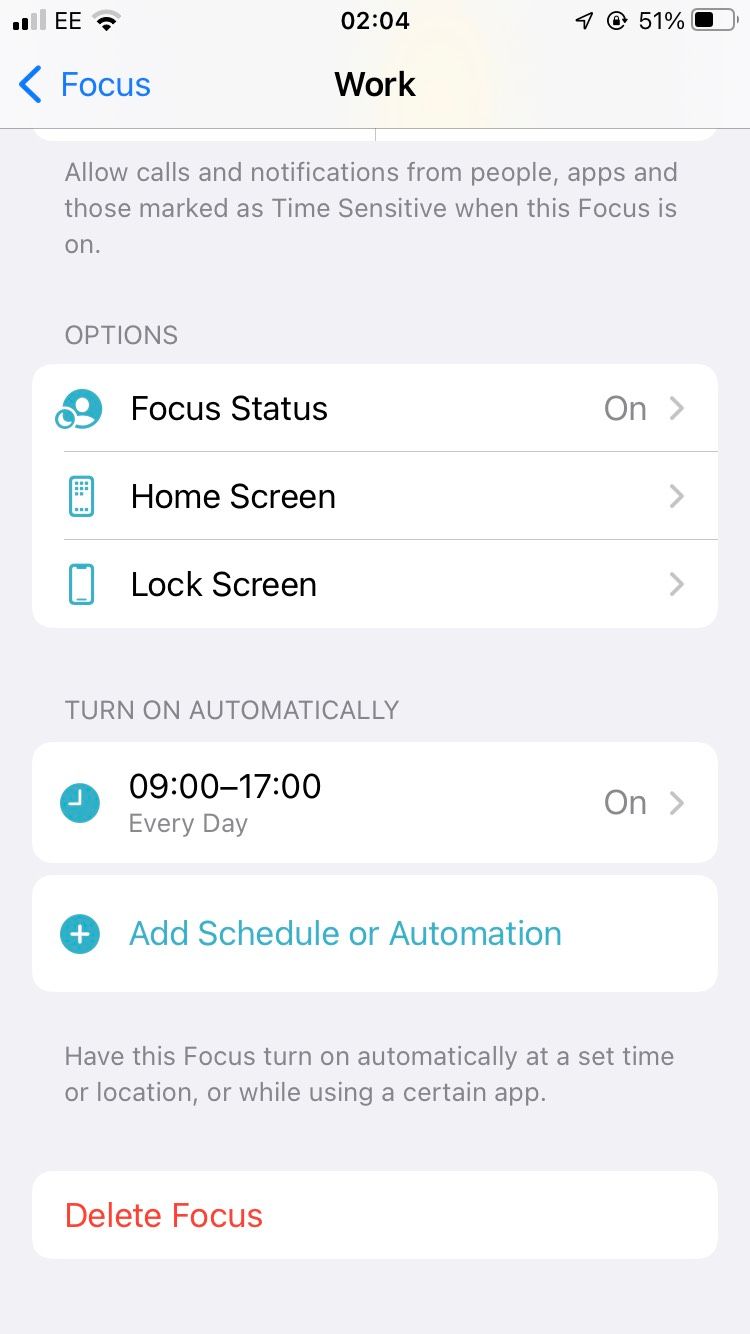 A screenshot of the Work Focus Mode on iOS 15. 