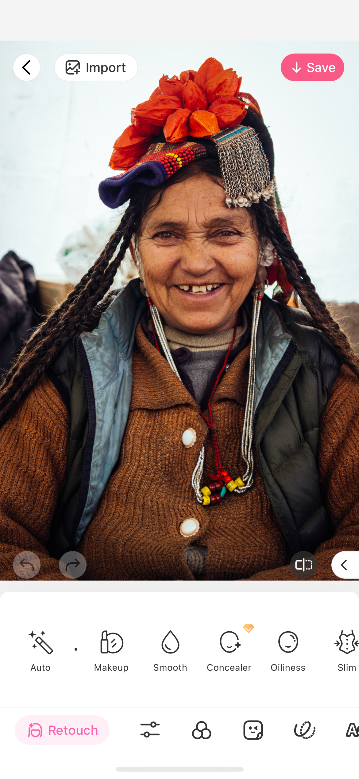 BeautyPlus screenshot showing an elderly woman with wrinkles, crooked teeth and a big smile
