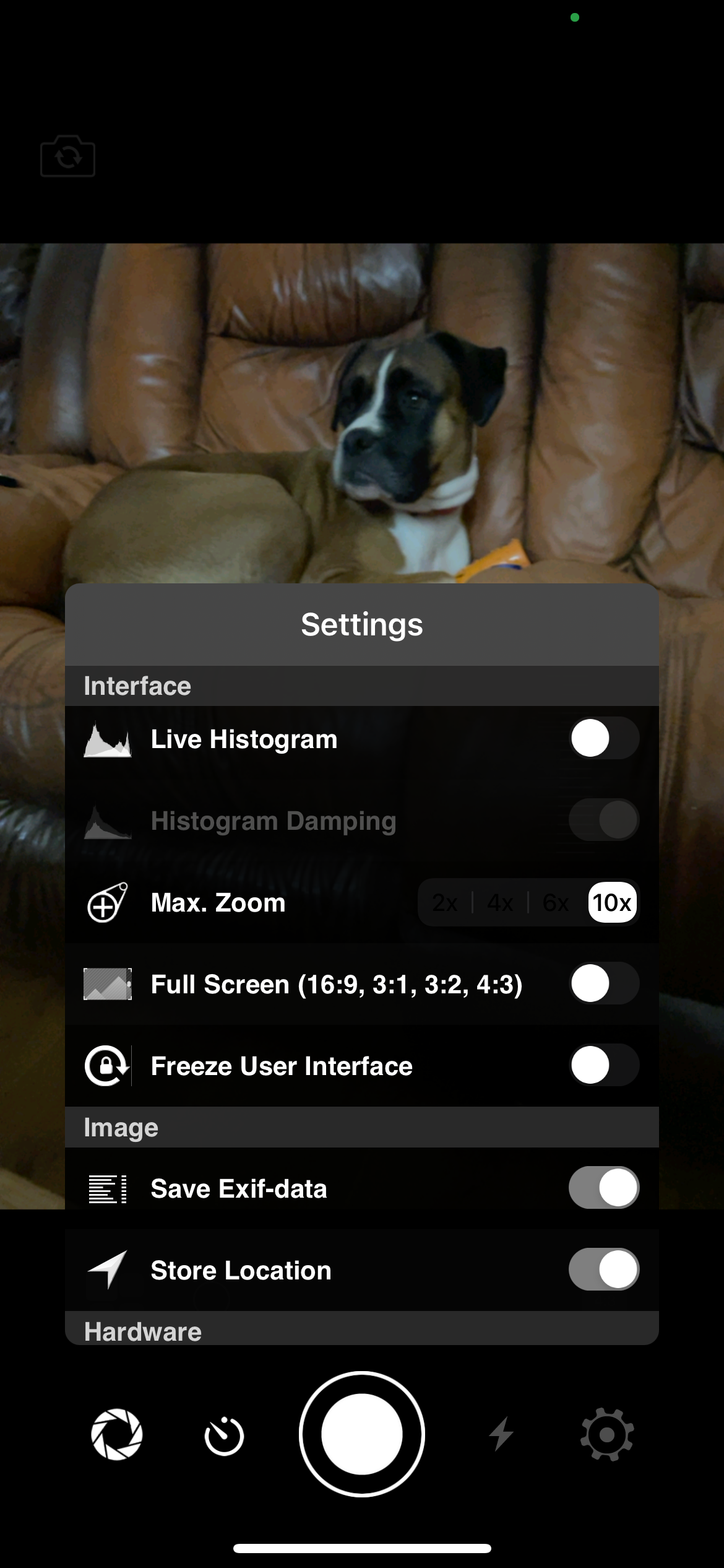 Night Camera screenshot showing the settings and a brown dog in the background