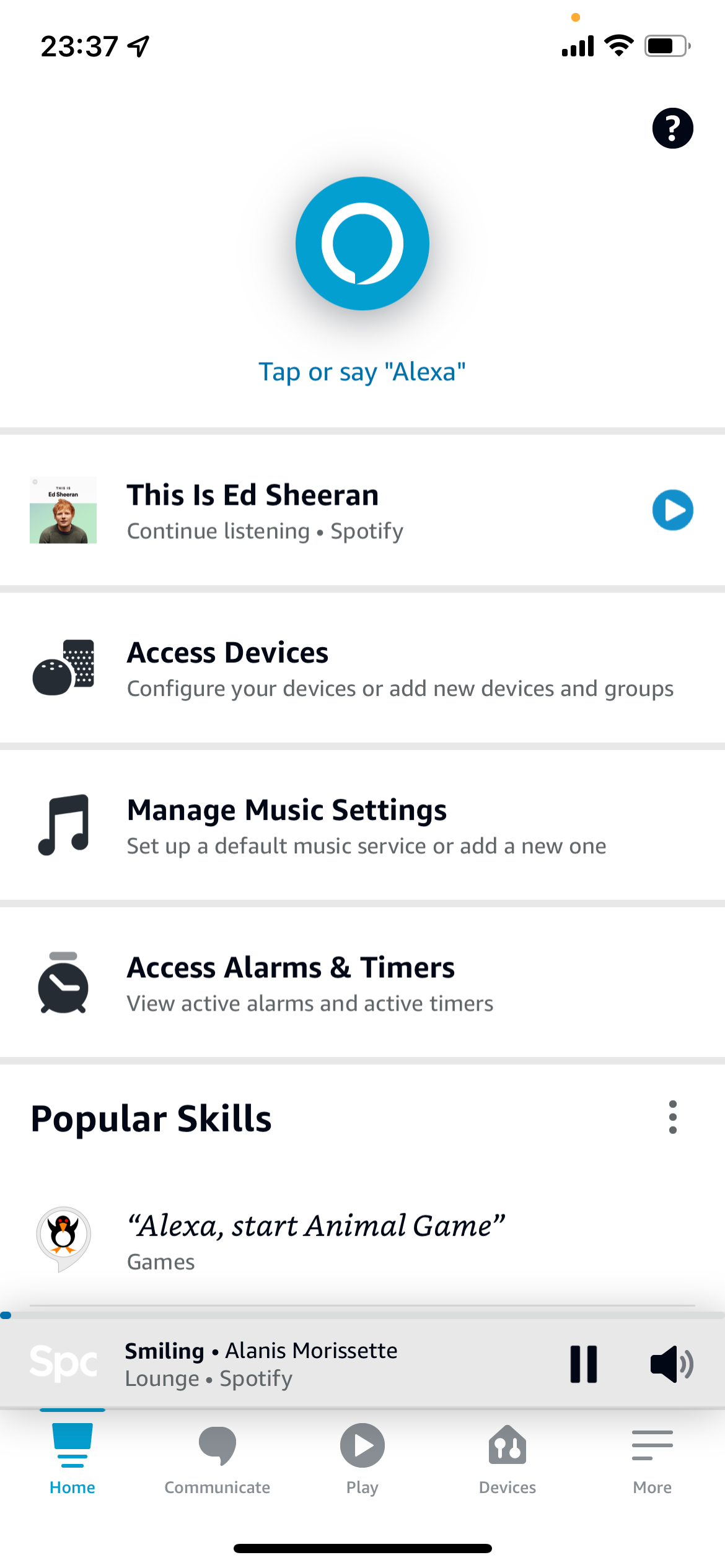iPhone screenshot showing Ask Alexa Widget app homepage