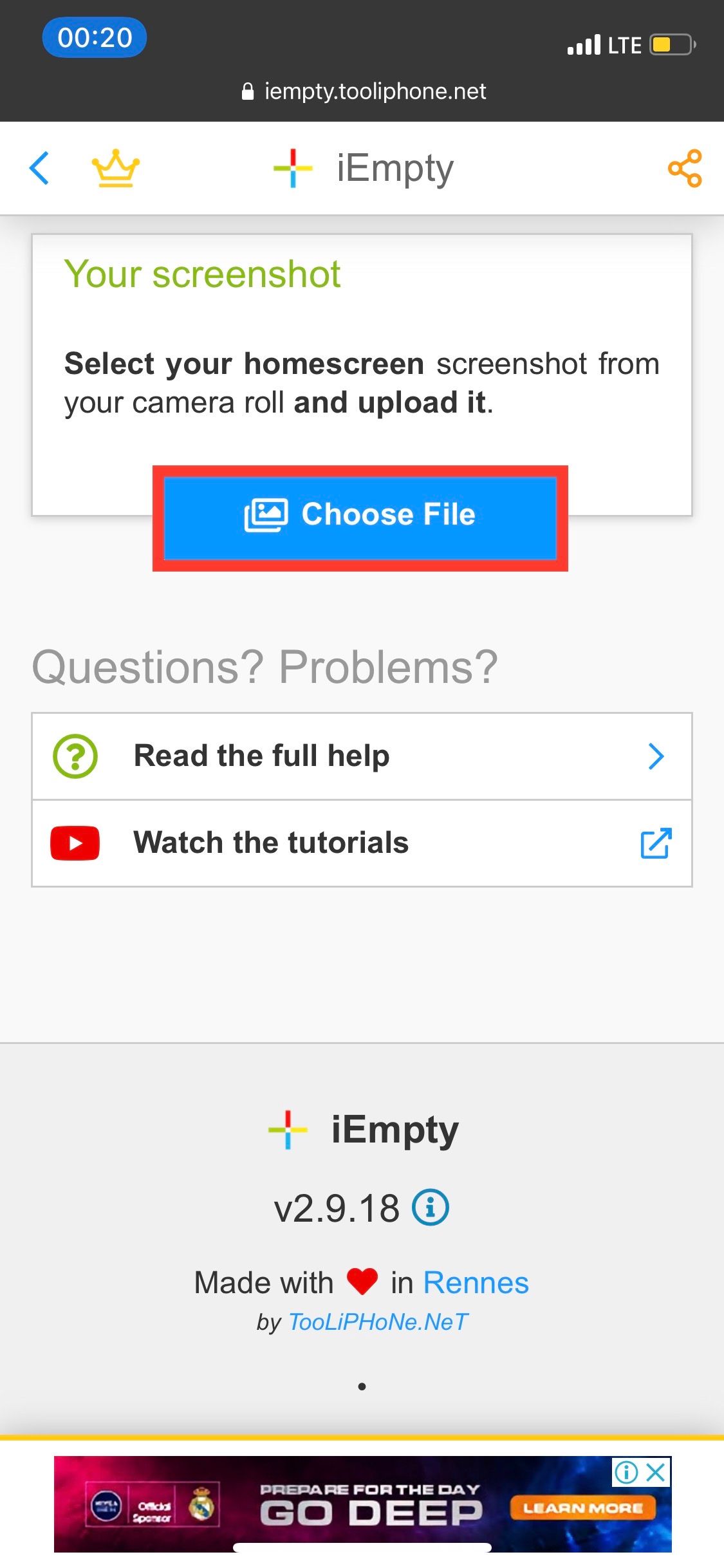 iEmpty dashboard with 'Choose File' highlighted
