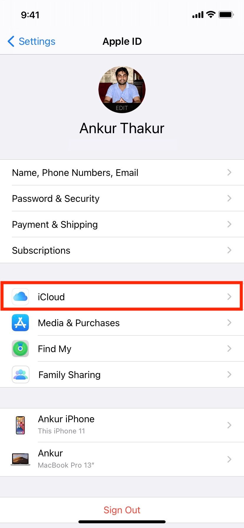 In iPhone Settings App Tap Your Name and Then iCloud