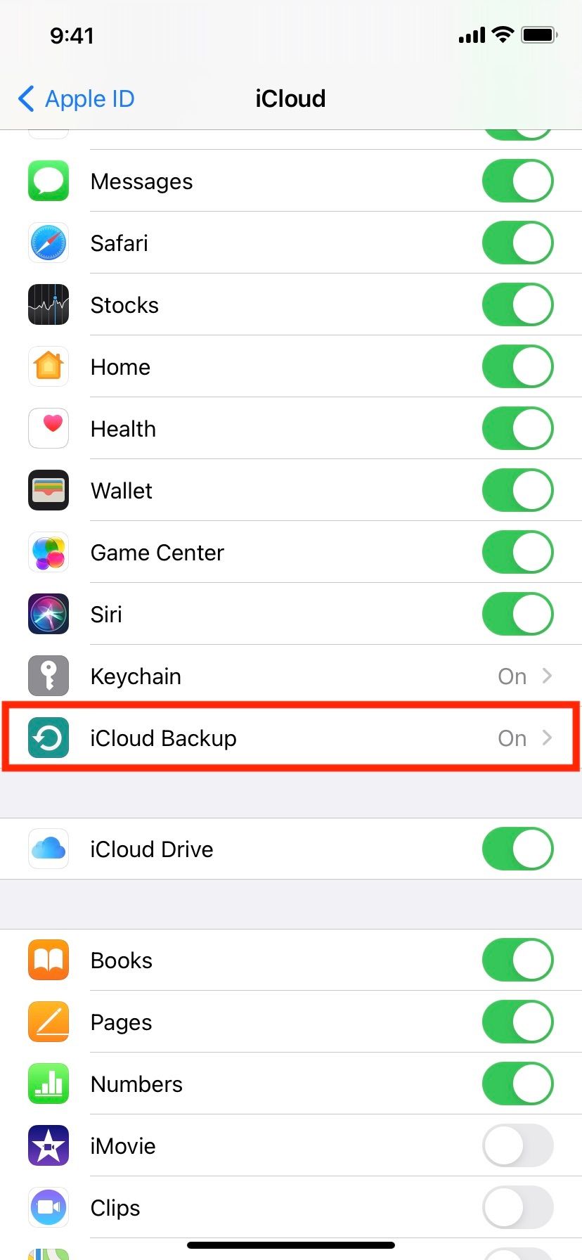 In iPhone iCloud Settings Tap iCloud Backup