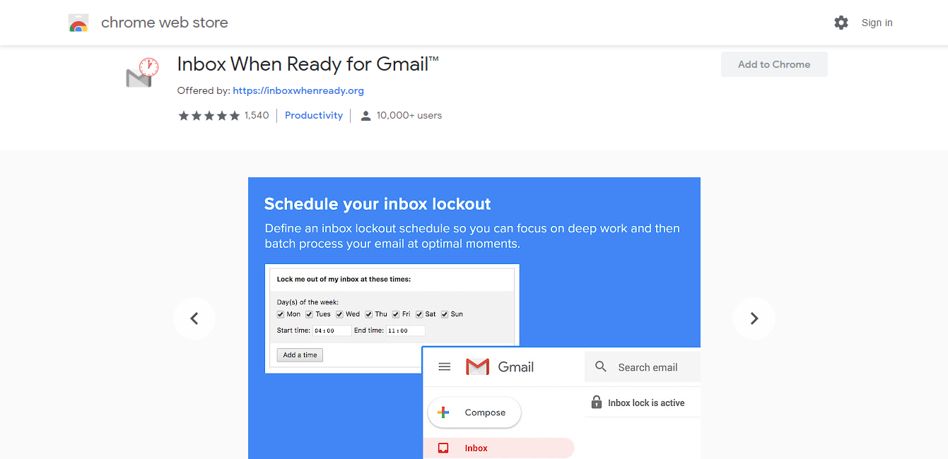 A screenshot of Inbox When Ready's Chrome store page