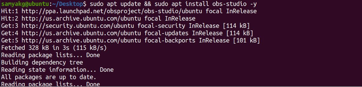 Install OBS on Ubuntu using sudo apt install obs-studio command