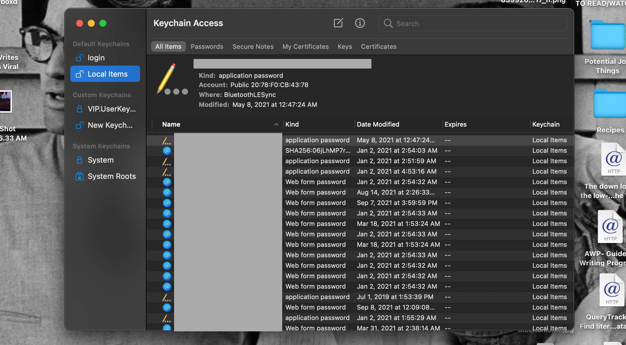Keychain Access open on a MacBook Pro