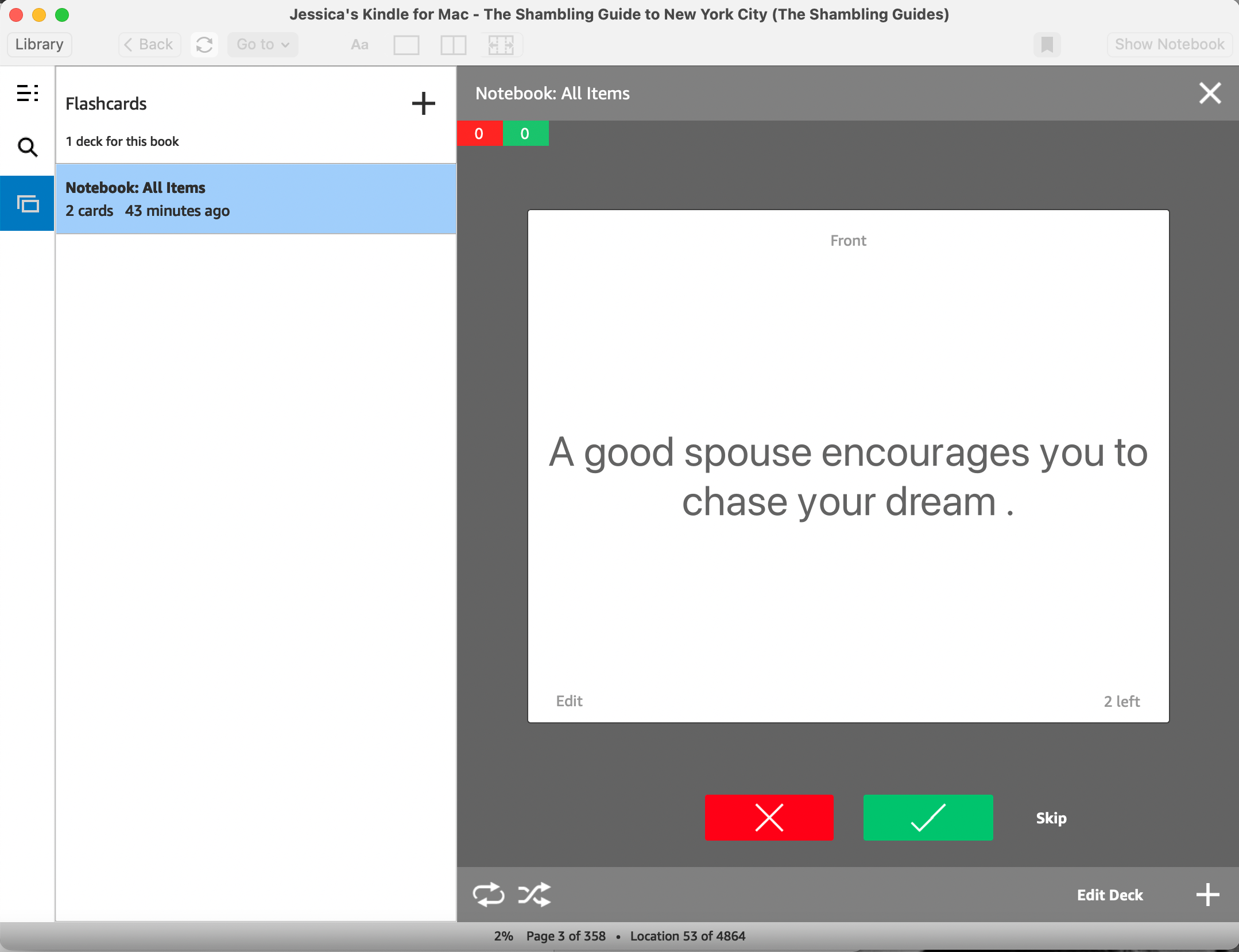 Kindle for Mac app flashcards being used