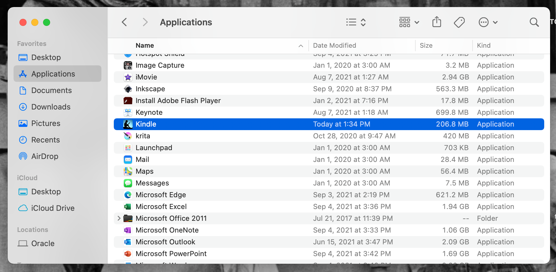 Kindle app in Applications folder on a MacBook Pro