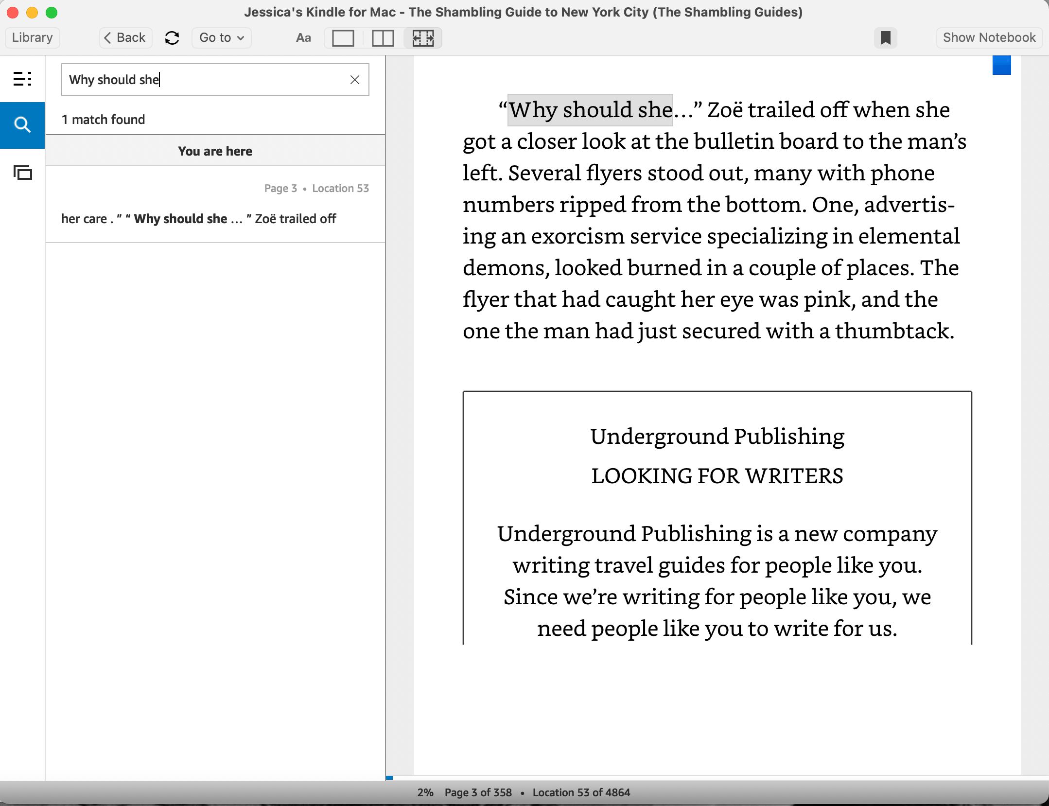 So verwenden Sie Kindle für Mac zum Lesen von Büchern und Erstellen von Notizen auf Ihrem Mac - Kindle app search function being used