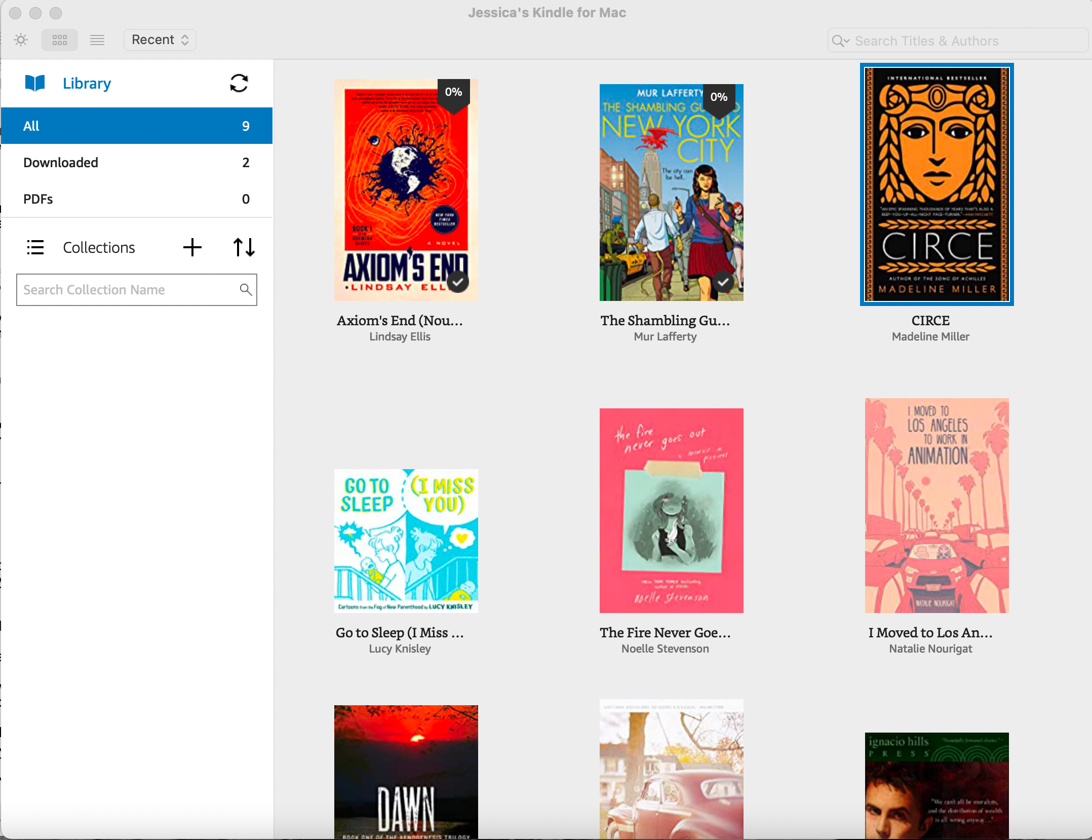 Kindle for Mac main Library view with some ebooks downloaded to it