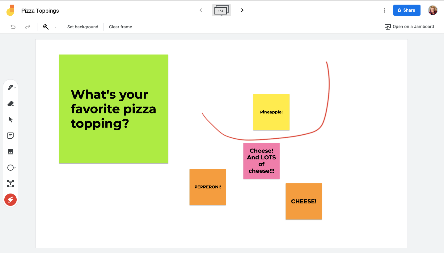 Image shows the laser pointer tool inside Google Jamboard