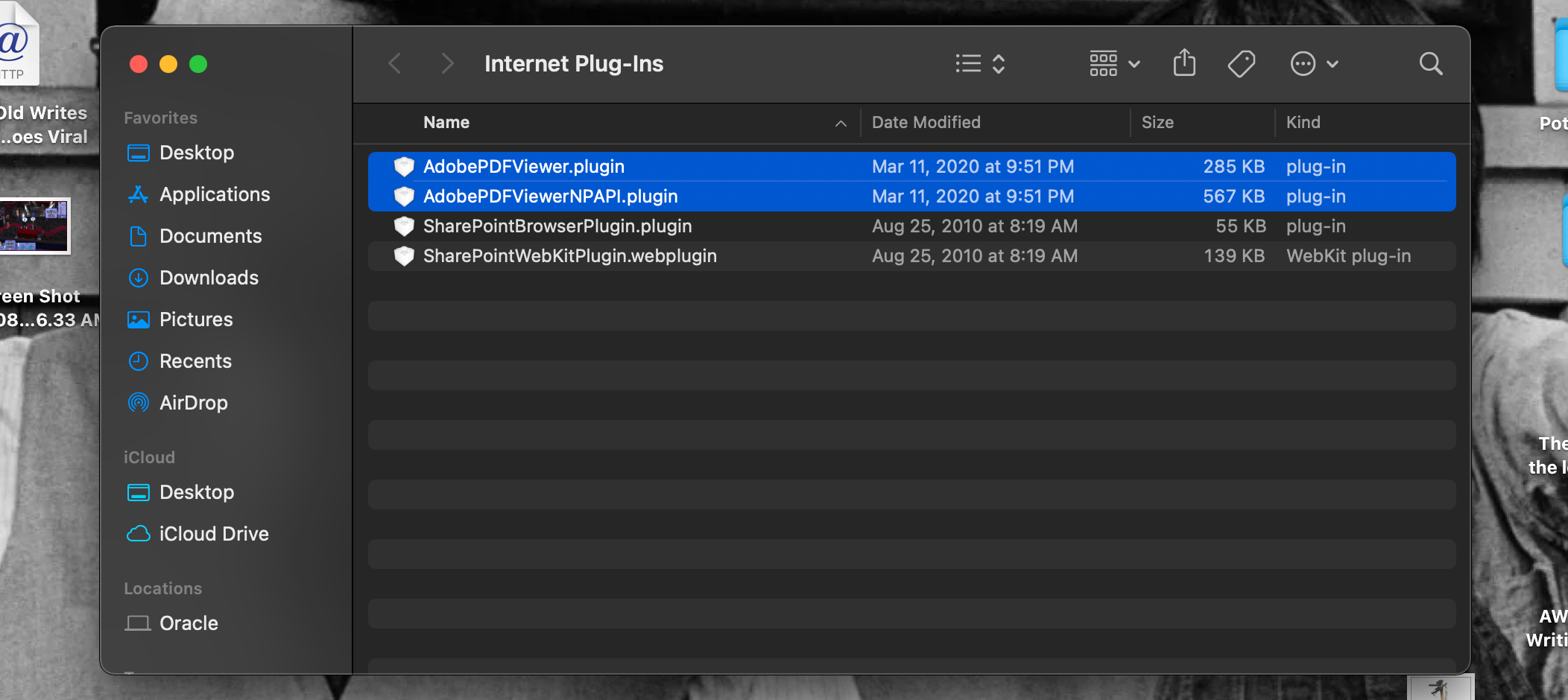 A Mac Library open to the Internet Plug-Ins folder. The Adobe plug-ins are highlighted