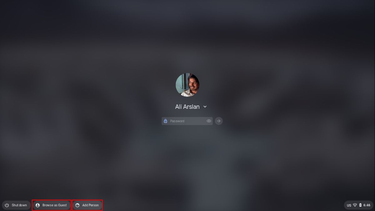 So fügen Sie Benutzerkonten auf dem Chromebook hinzu und entfernen sie - Login screen of Chromebook with Add User and Browse as Guest highlighted
