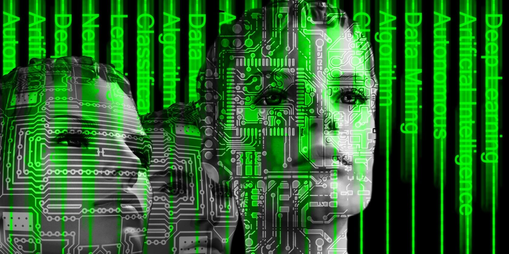 Robotic faces with written texts and computer panels