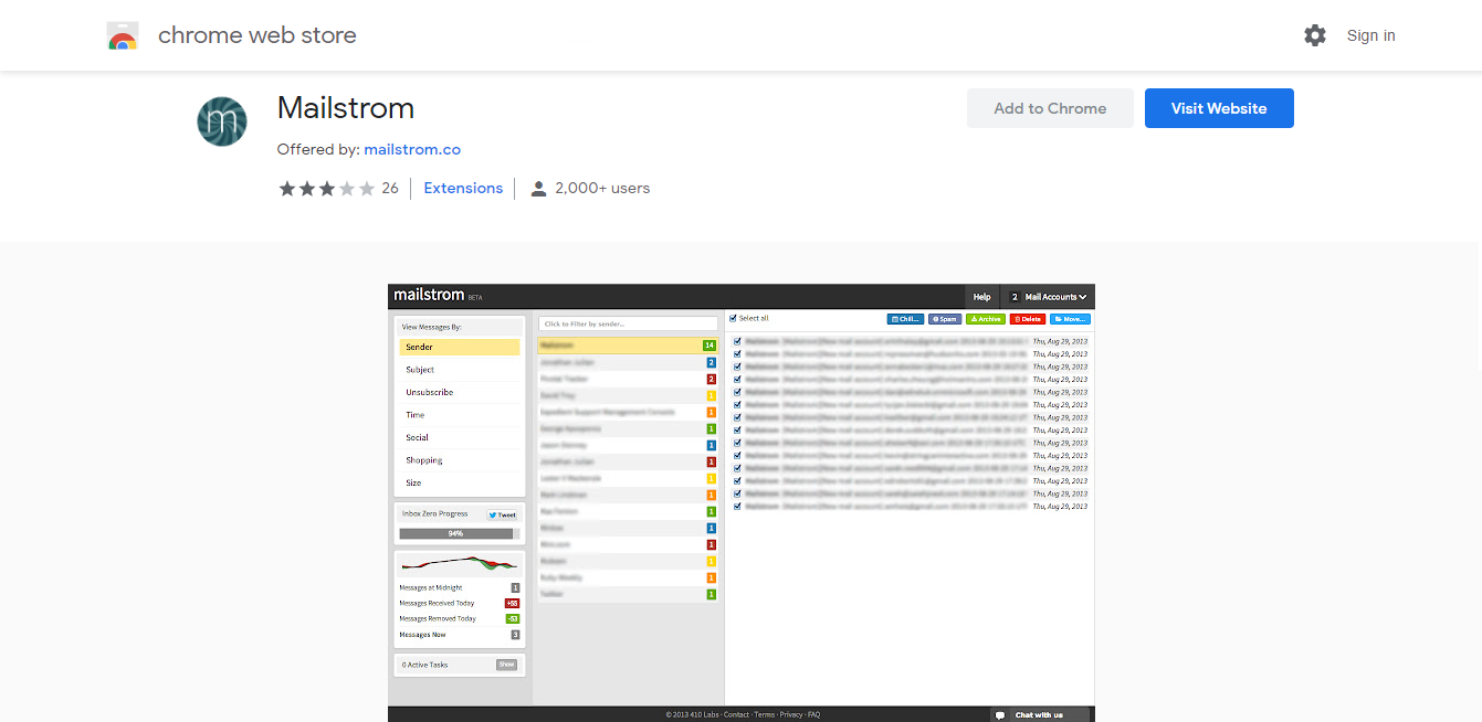 A screenshot of Mailstrom's Chrome store page