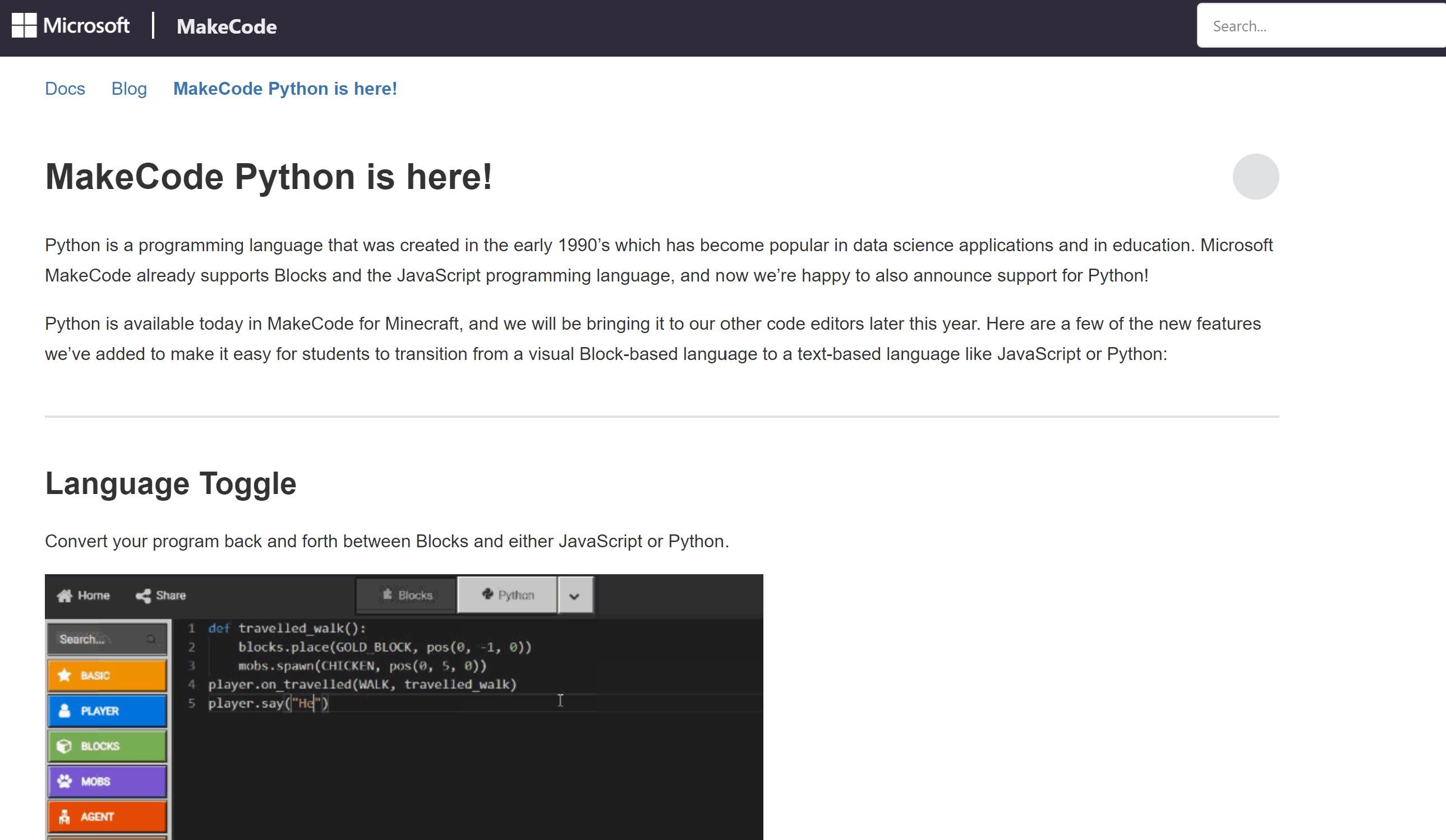 MakeCode Python website interface