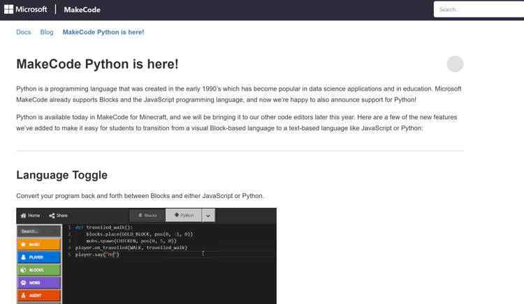 Interface du site Web MakeCode Python