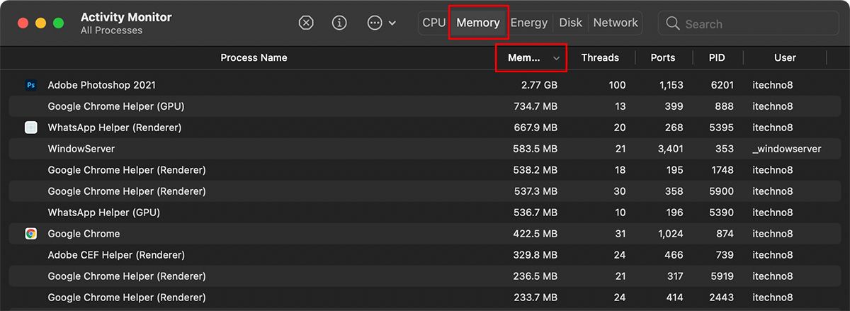 Memory Tab in Activity Monitor