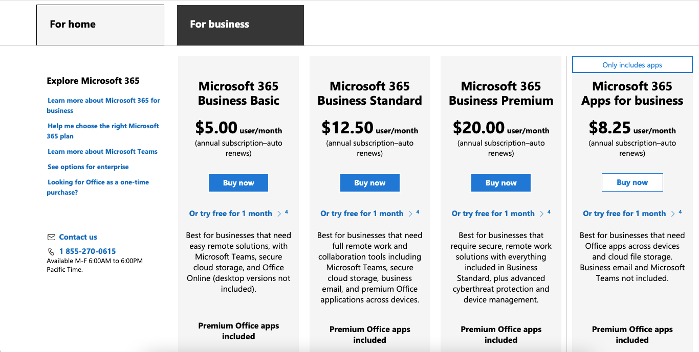 Screenshot showing the pricing plans for Microsoft Business 