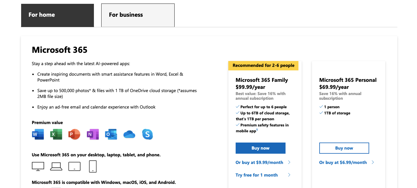 Screenshot showing the pricing plans for Microsoft Home