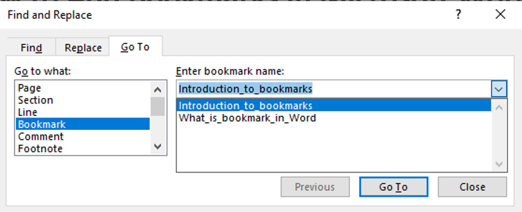 Microsoft Word bookmark Go to multiple bookmarks