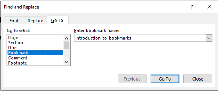 Microsoft Word bookmark Go to