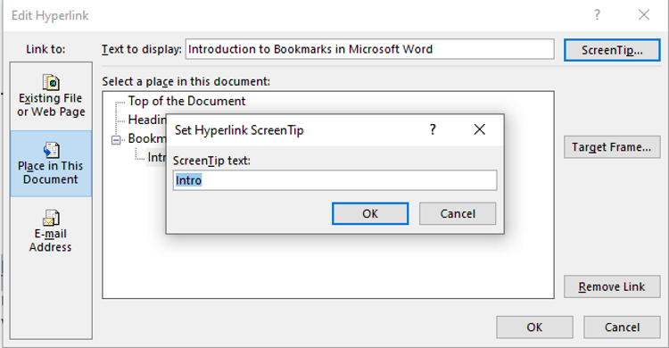 Microsoft Word bookmark ScreenTip OK