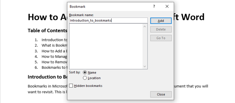 Microsoft Word bookmarks add name