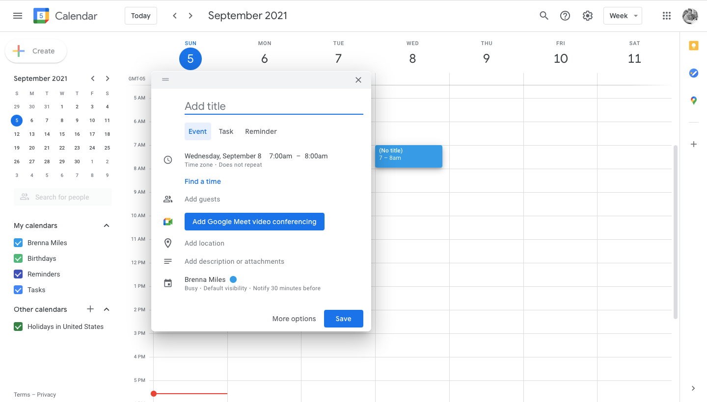 Image shows creating a new event using Google Calendar