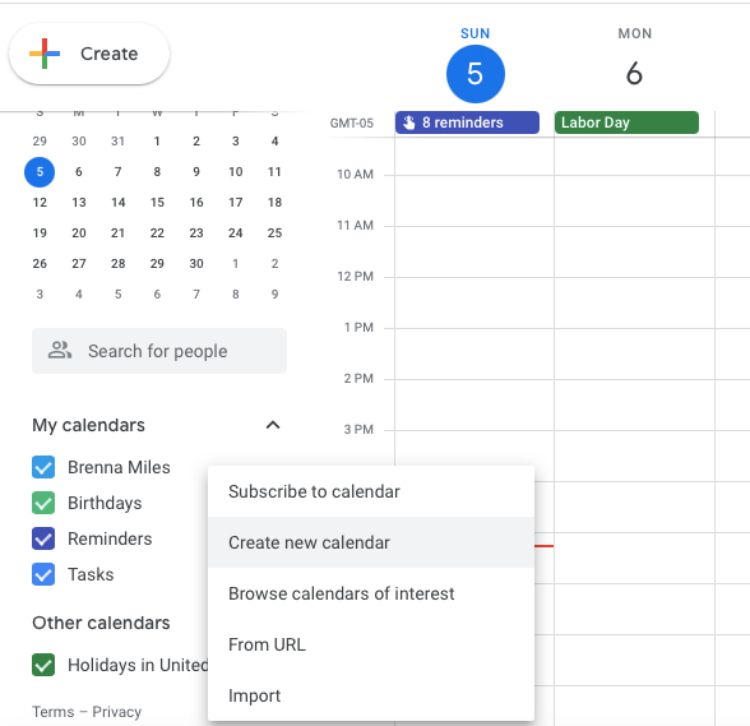 Image shows the creation of a new calendar inside Google Calendar