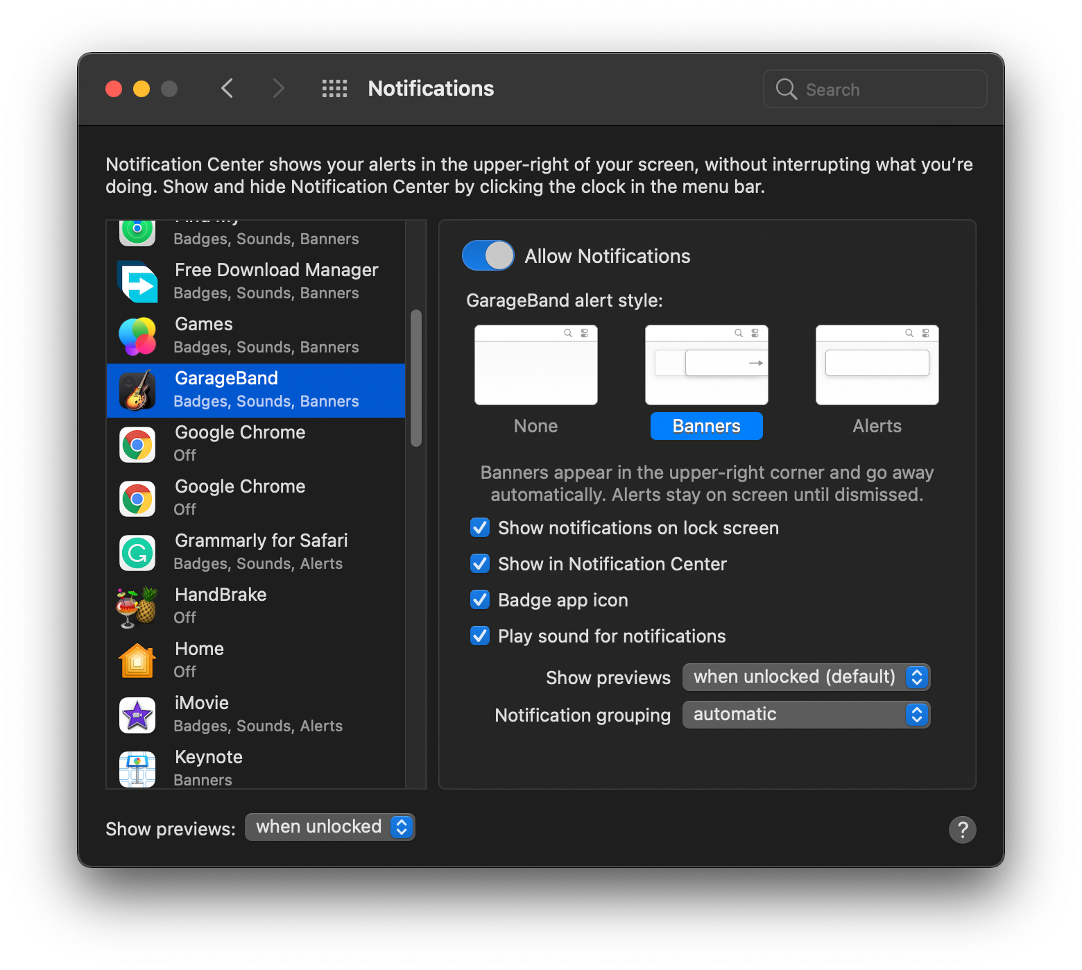 Allow Notifications menu on macOS