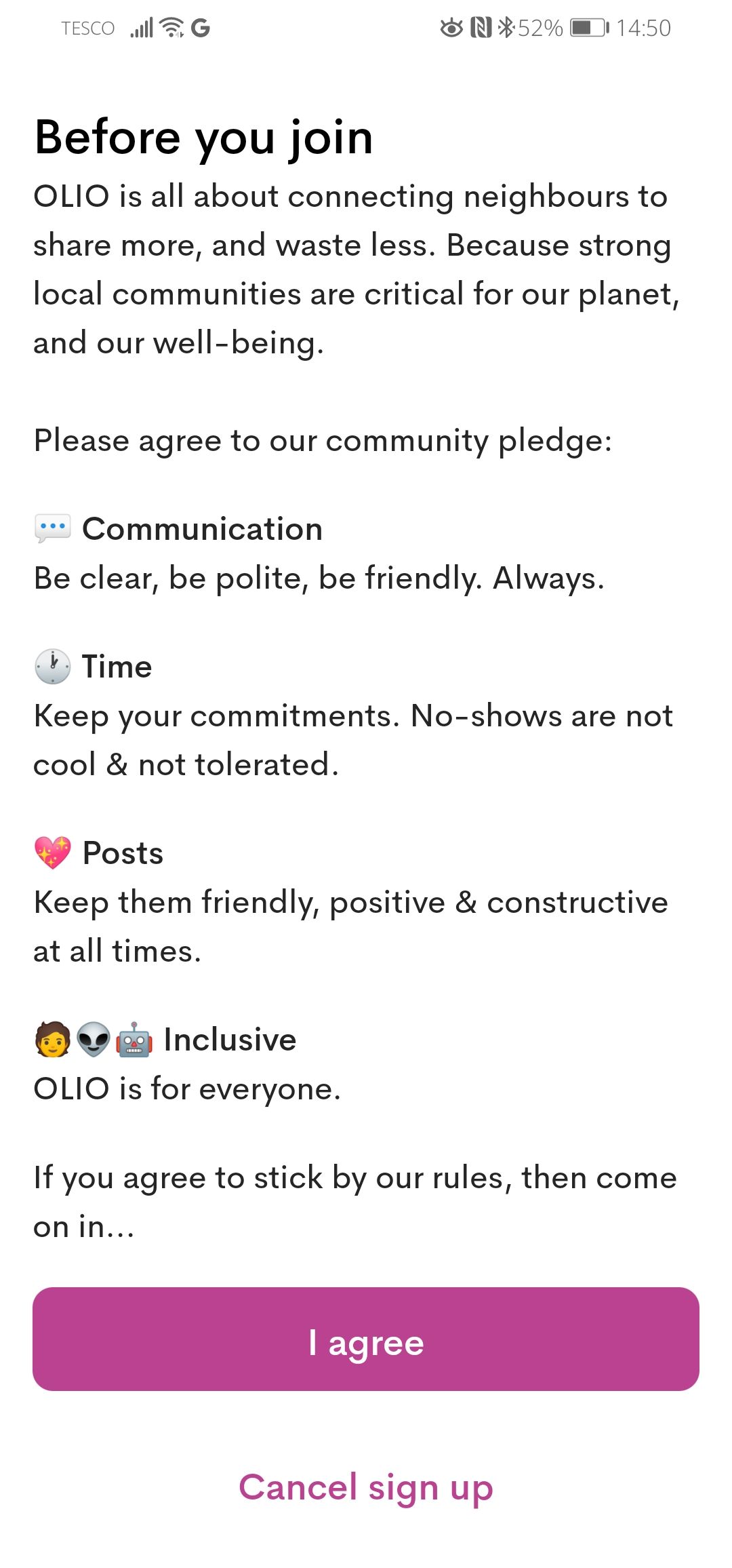 OLIO app community agreement screenshot