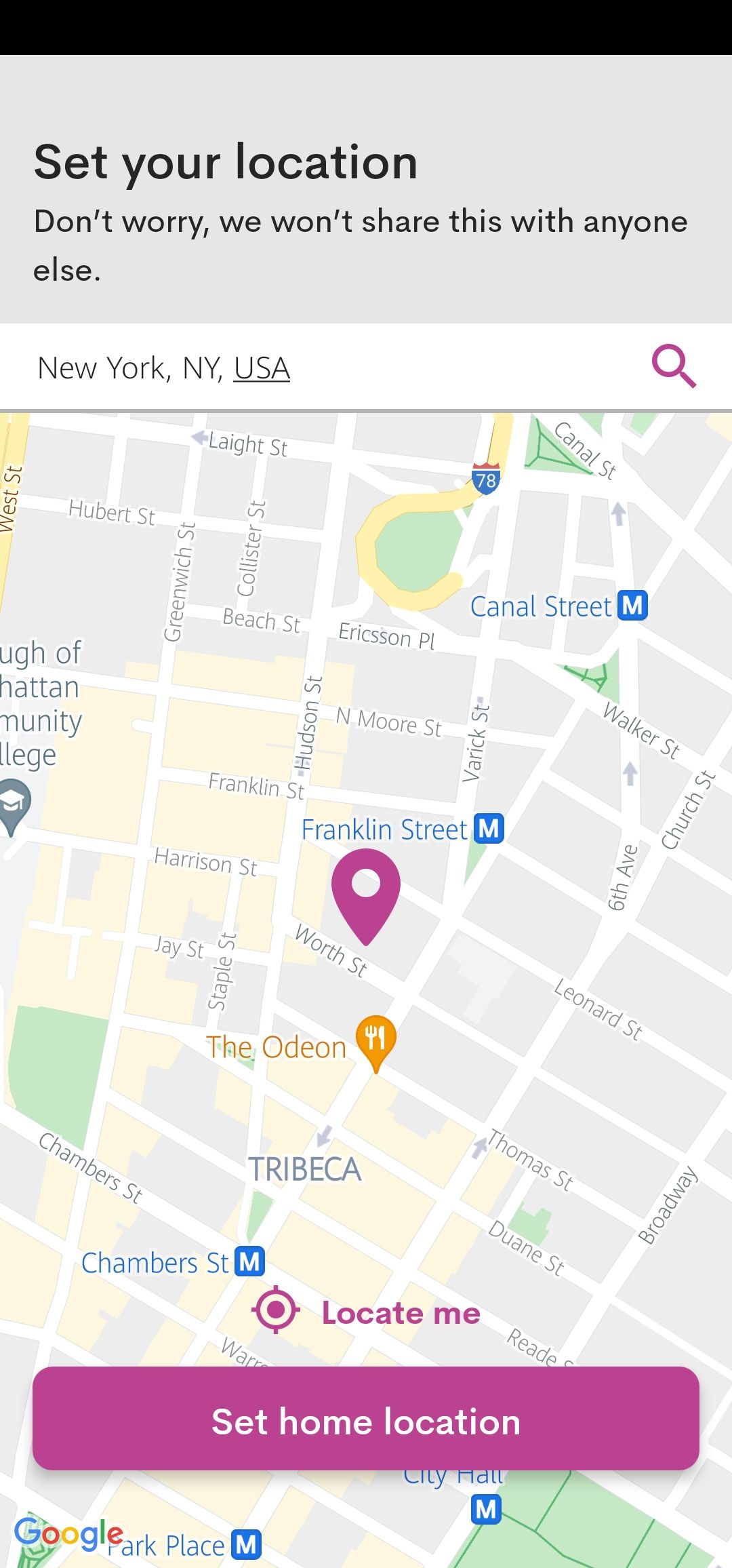 OLIO app set your location map screenshot